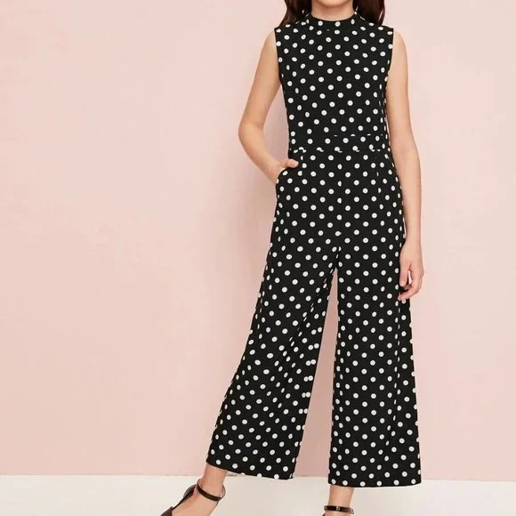 SHEIN One Pieces Shein Girls Slant Pocket White Polka Dot